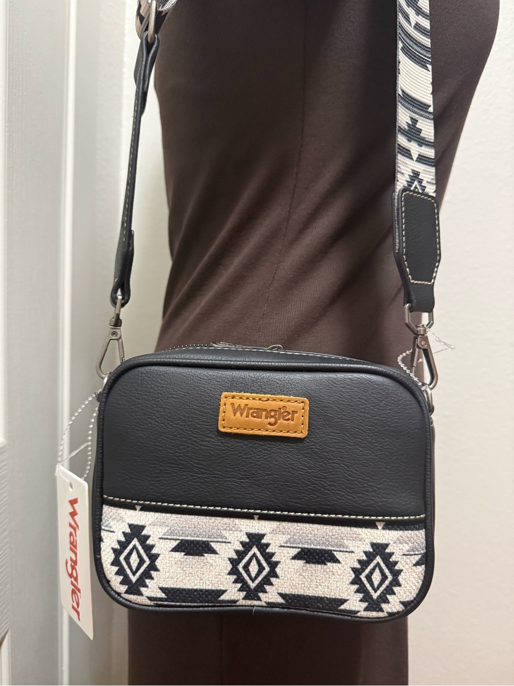 Wrangler Black Crossbody with Aztec Strap and Trim